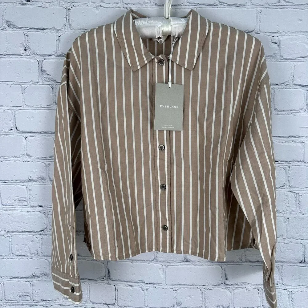 Everlane‎ The Woven 100% Cotton Long Sleeve PJ Pajama Top, Size XS, Brown Stripe